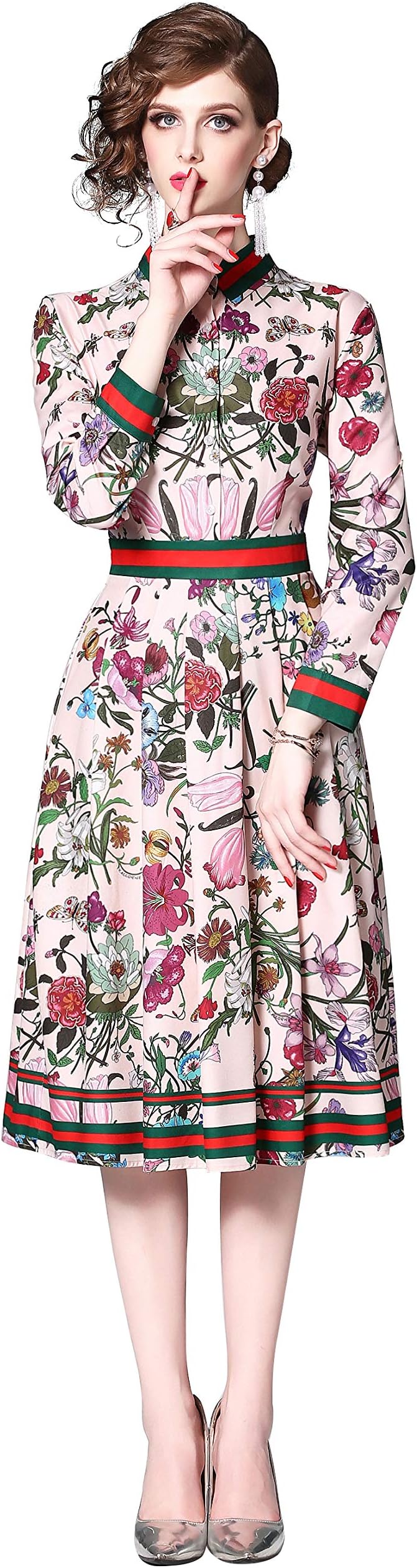 Women's 3/4 Sleeve Floral Print Button up Casual A-line Midi Dress