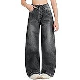 EXARUS Girls Jeans Baggy Wide Leg Cute Teen Denim Pants Junior Mid Rise Elastic Band with Pockets Casual Clothes