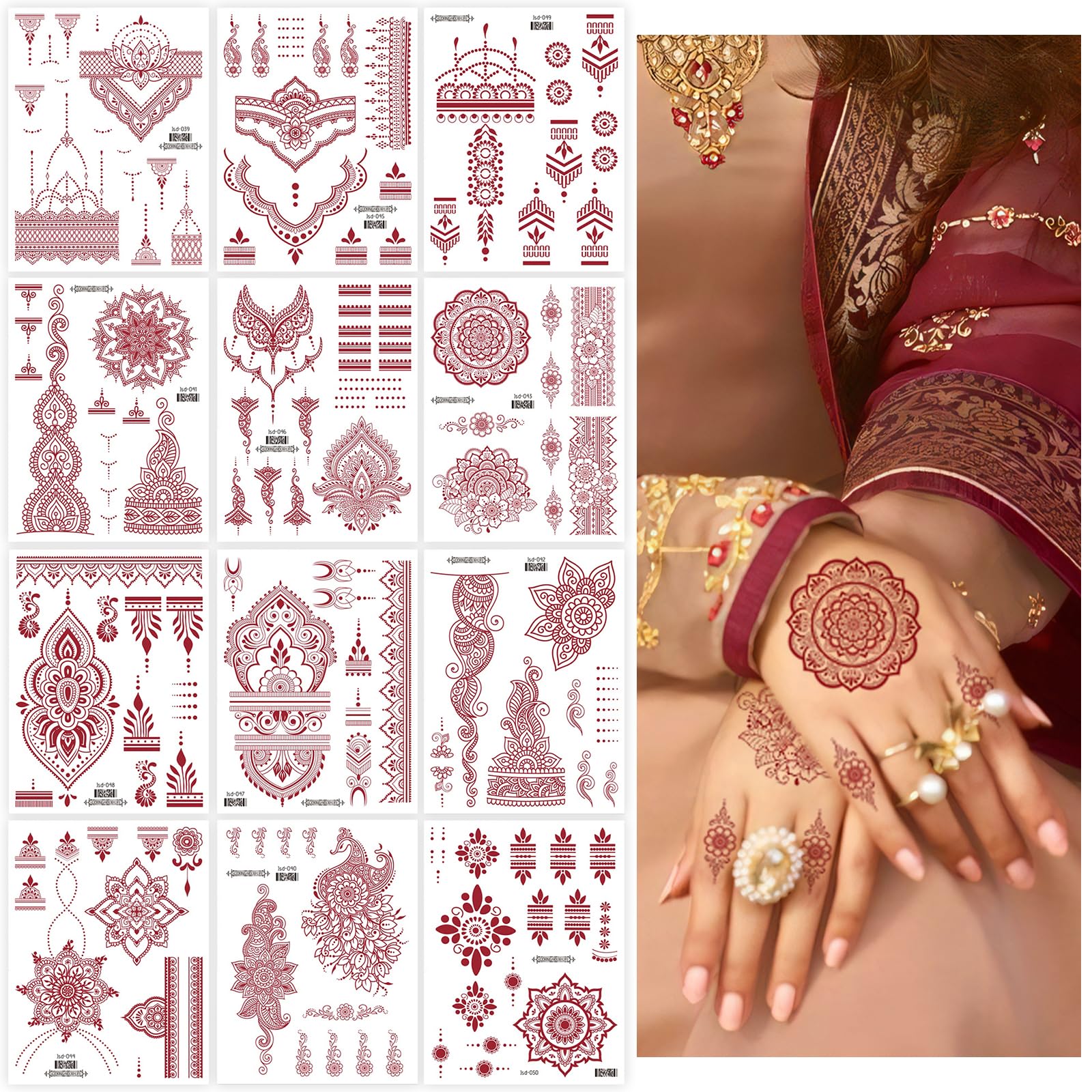 HZHSGLY 12 Sheets Temporary Tattoos, Temporary Tattoos for Women, Indian Red Tattoo Stickers, Waterproof Fake Tattoos for Neck Chest Arms Legs (Red)