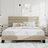 SHA CERLIN King Platform Bed Frame with Upholstered Fabric Headboard, Mattress Foundation with Strong Wooden Slats Support, No Box Spring Needed, Beige