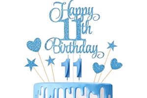 Lecferrarc 11th Birthday Cake Decorations, 11th Birthday Candles Cake Numeral Candles and Glitter Happy 11th Birthday Cake Toppers Set for Birthday Party Supplies (Blue)