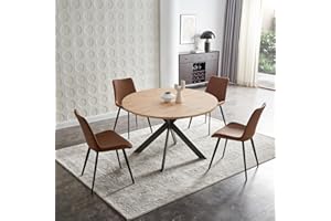 Zerifevni 46.4" Round Dining Table Set, Mid Century Modern Round Dining Table for 4-6 Person, w/Steel Legs, Coffee Table for Kitchen Dining Room, Office, Save Space (1 Table with 4 Brown Chairs)