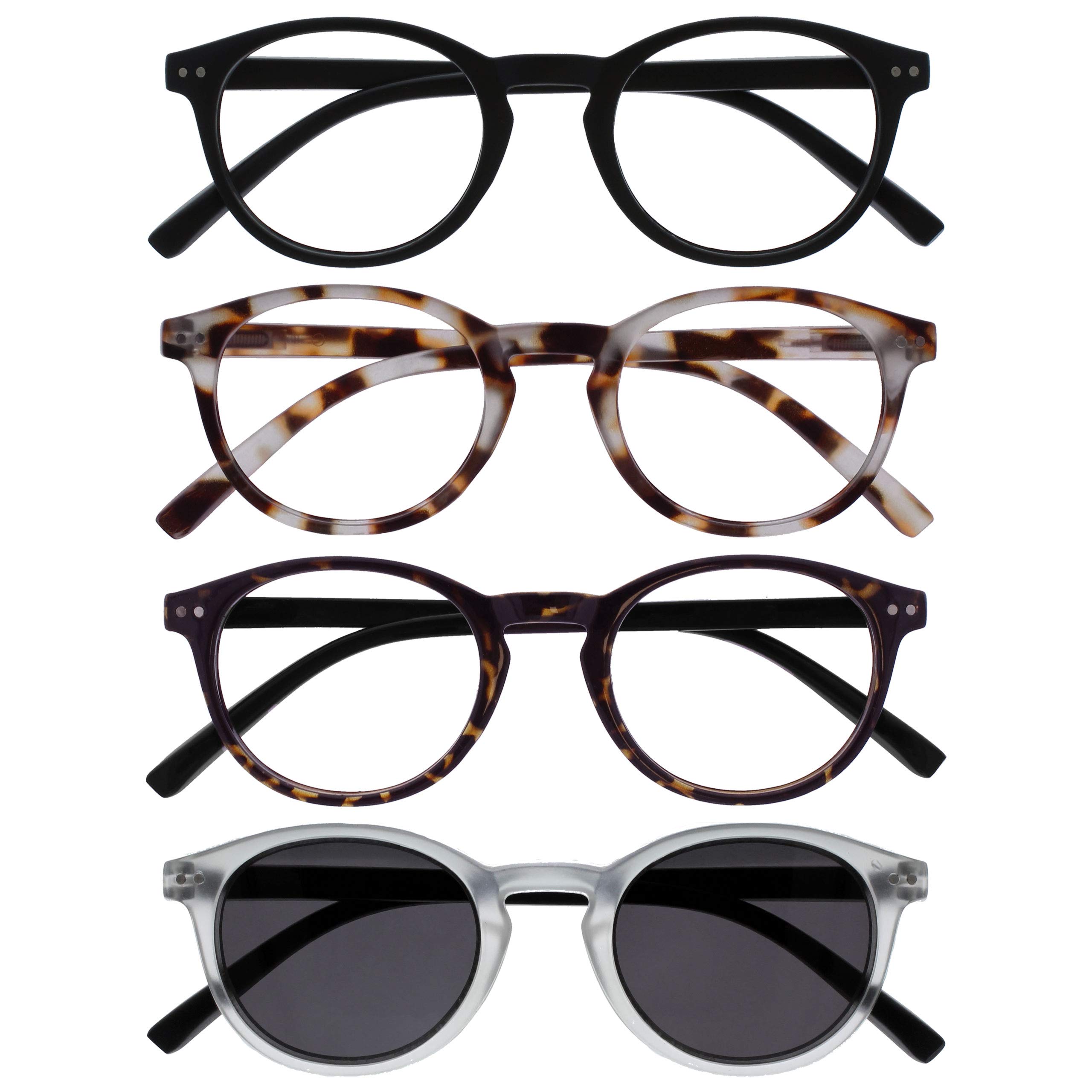 OPULIZE Zen 4 Pack Reading Glasses With Reading Sunglasses Black Brown Crystal Small Mens Womens RRRS24-11T2C +3.00