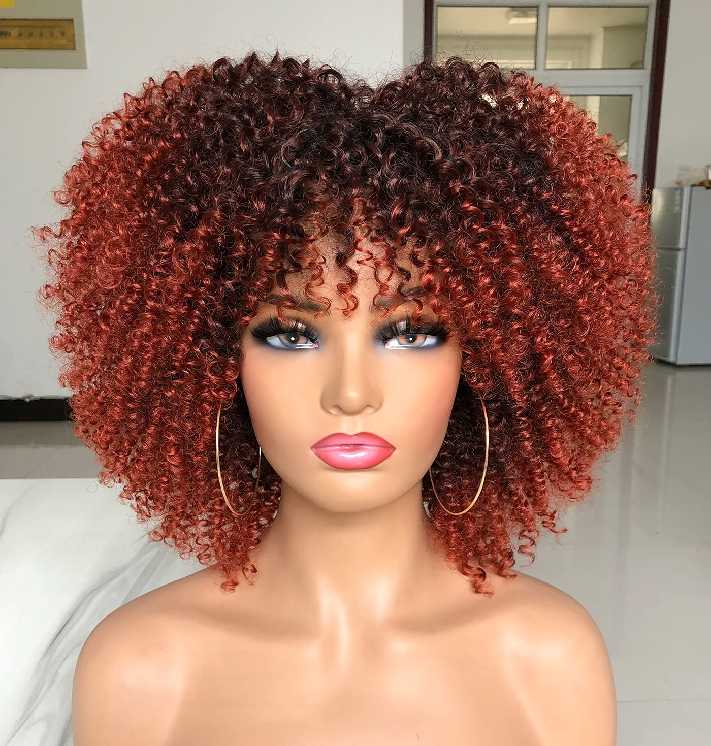 CoCrowns 10Inch Short Curly Afro Wigs with Bangs Bomb Afro Kinky Curly Wig for Black Women Synthetic Fiber Full Wig (Ombre Orange)