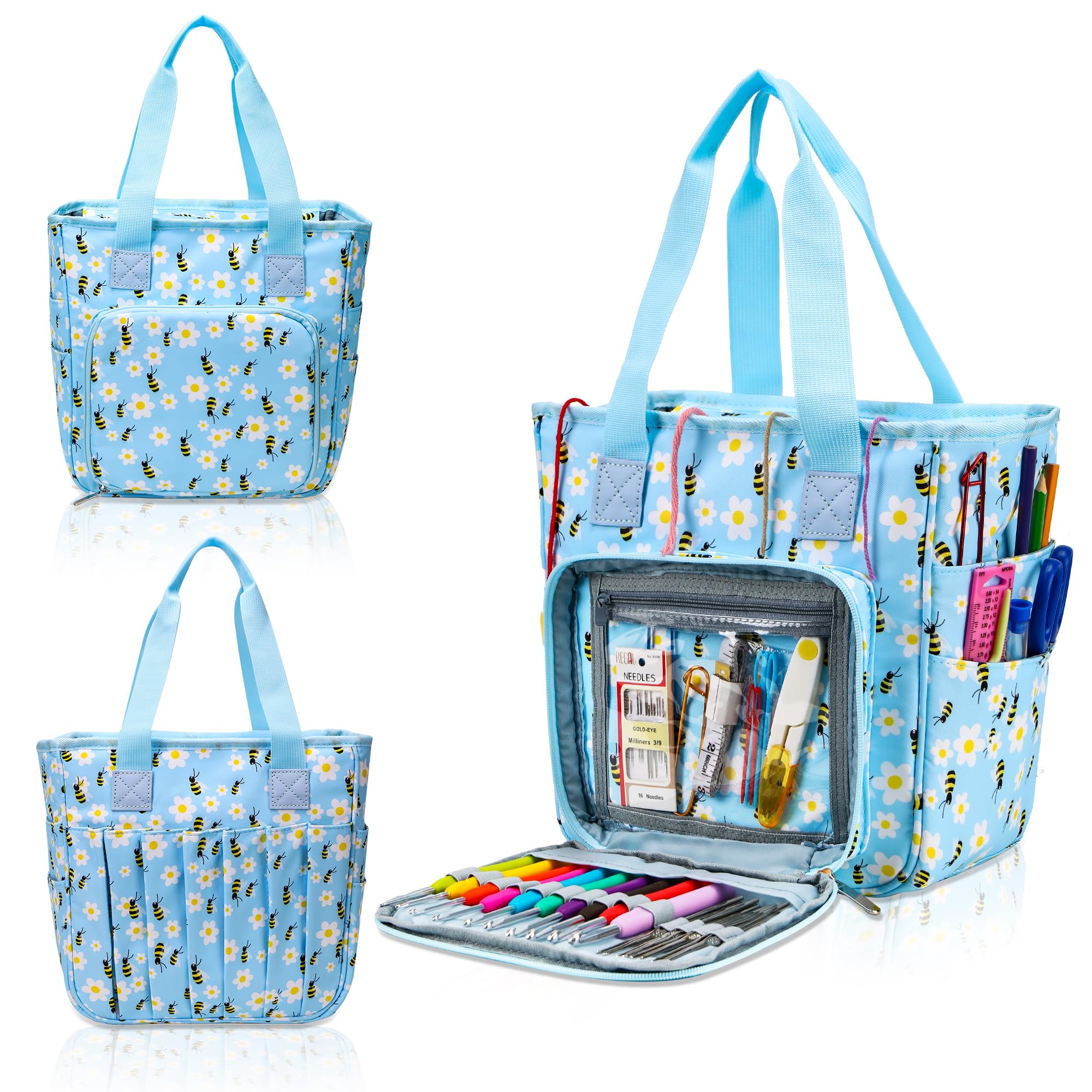 Knitting Bag Yarn Storage OrganizerTote Bag, Portable Storage Bag for Yarns, Tote-Large Capacity Crochet Organizer Crocheting Kit, Crochet Hooks & Needles, Yarn Balls, Project & Sewing （Honeybee）