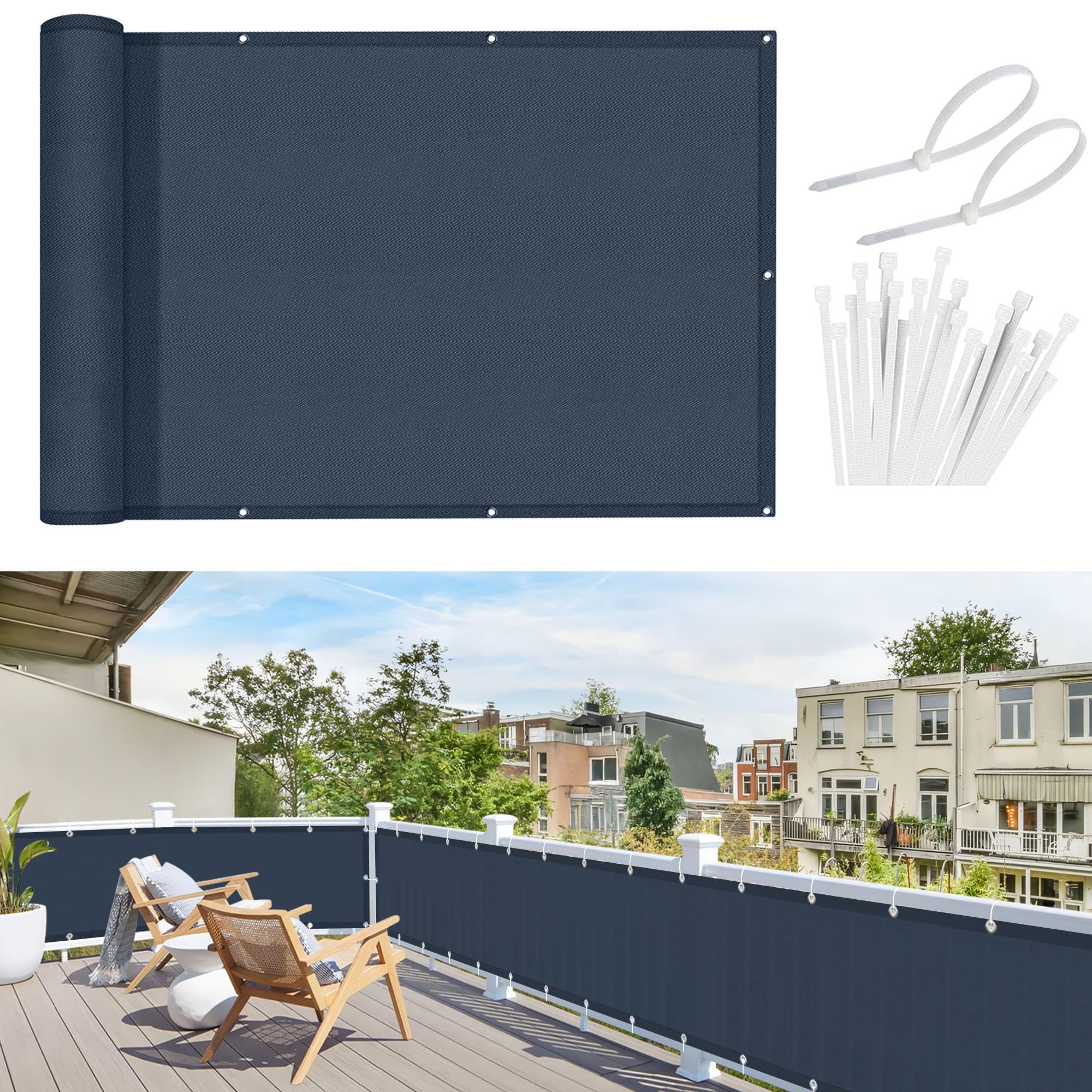 Sunnylaxx Balcony Privacy Screen 90x600 cm Fence Screen for Balcony and Patio,Balcony Cover, PES(170g/㎡) Water-Repellent Wind Protection,with Rope and Aluminium Eyelets Greyish Blue