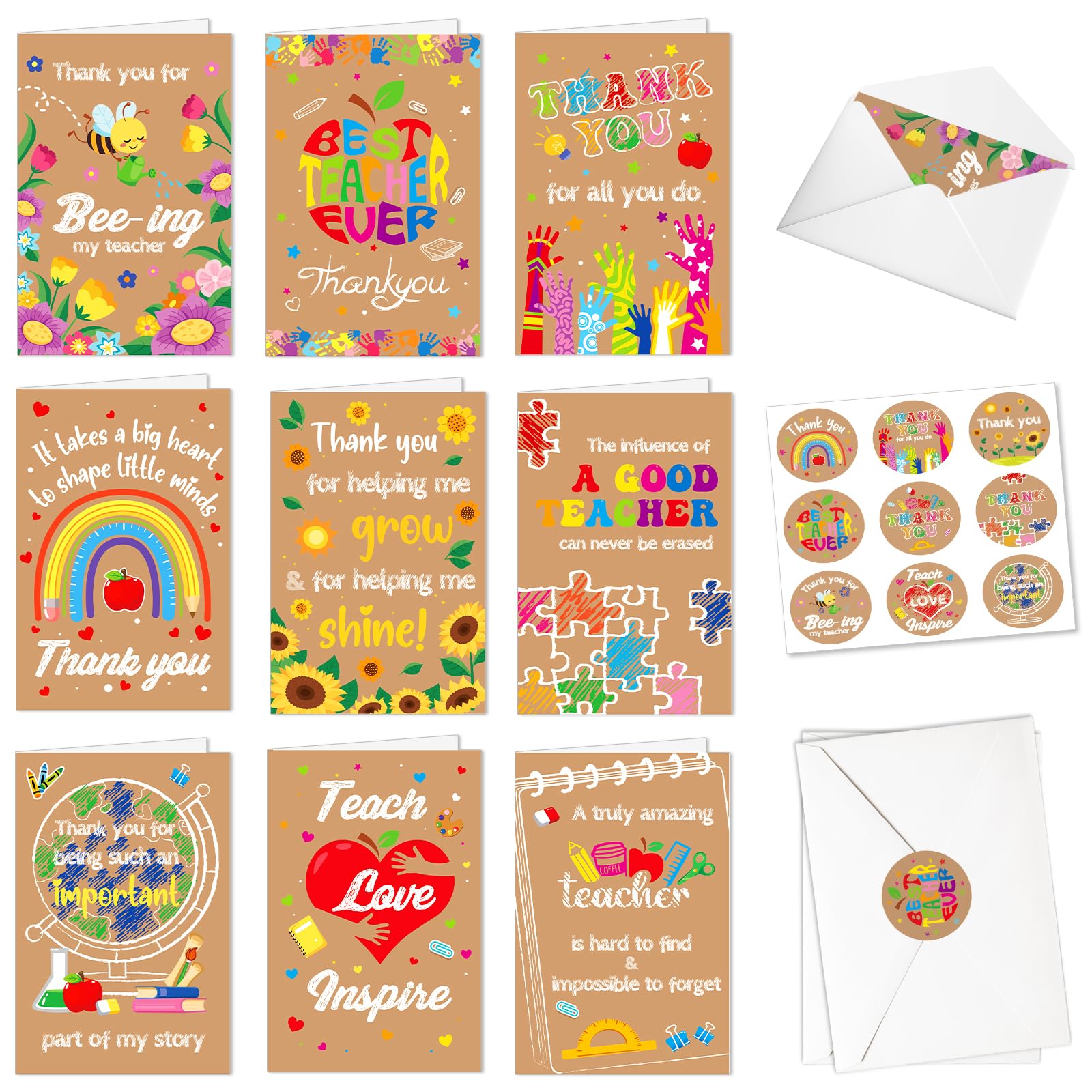 DPKOW Thank You Teacher Cards Multipack, Best Teacher Cards Thank You Teacher Greeting Cards for Thank You Teacher Gifts - 9 Thank You Cards for Teachers with Envelopes + 9 Thank You Teacher Stickers