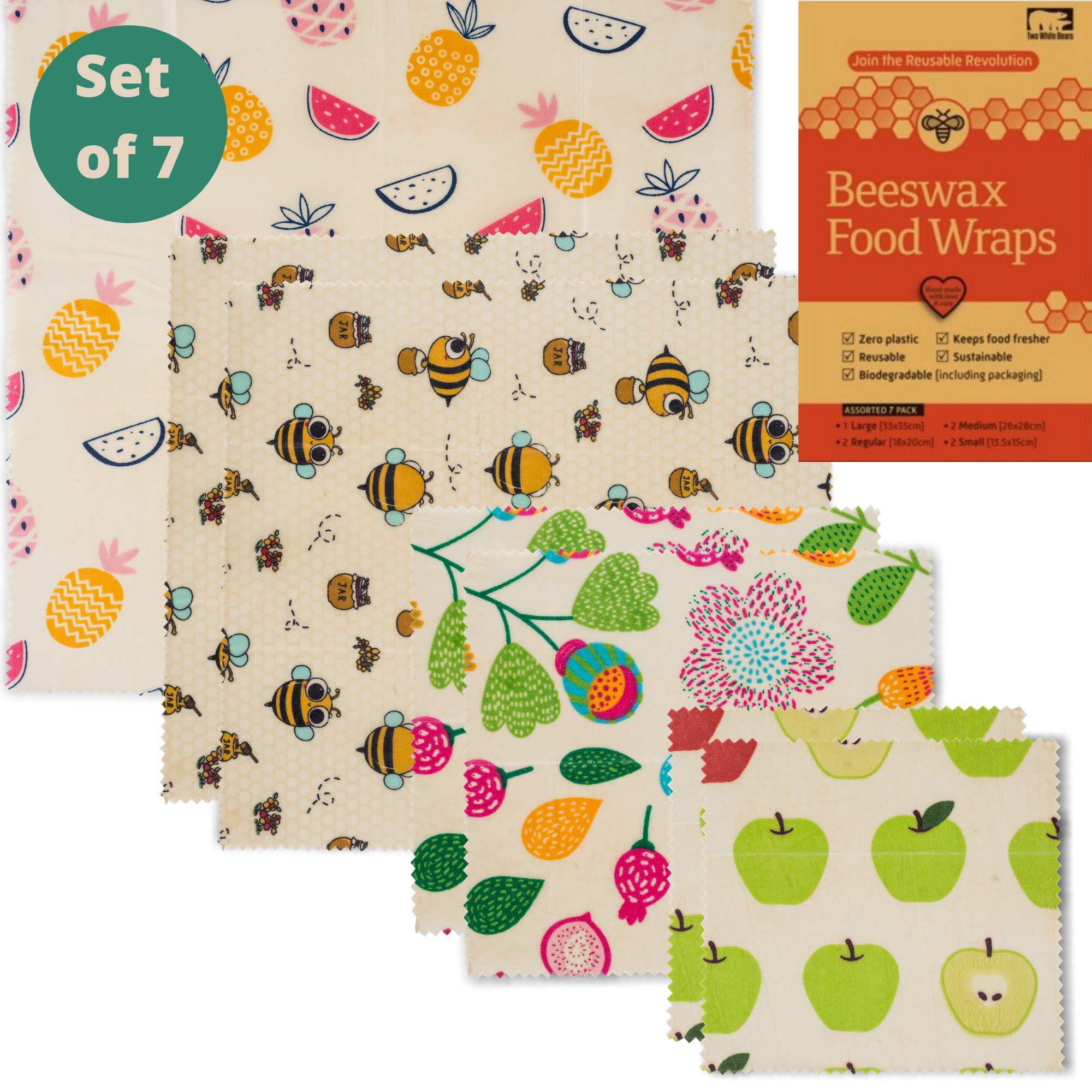 Beeswax Wraps Set of 7 - Reusable Bees Wax Food Storage Wrap. One Tree Planted Per Purchase. Eco Friendly Alternative to Cling Film & Sandwich Bags. Zero Waste Cheese Wrappers by Two White Bears