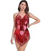 IWEMEK Sequin Sparkle Stars Fringes Bodysuit Leotard Rave Outfit for Women Music Festival Latin Dance Tassel Fringe Romper