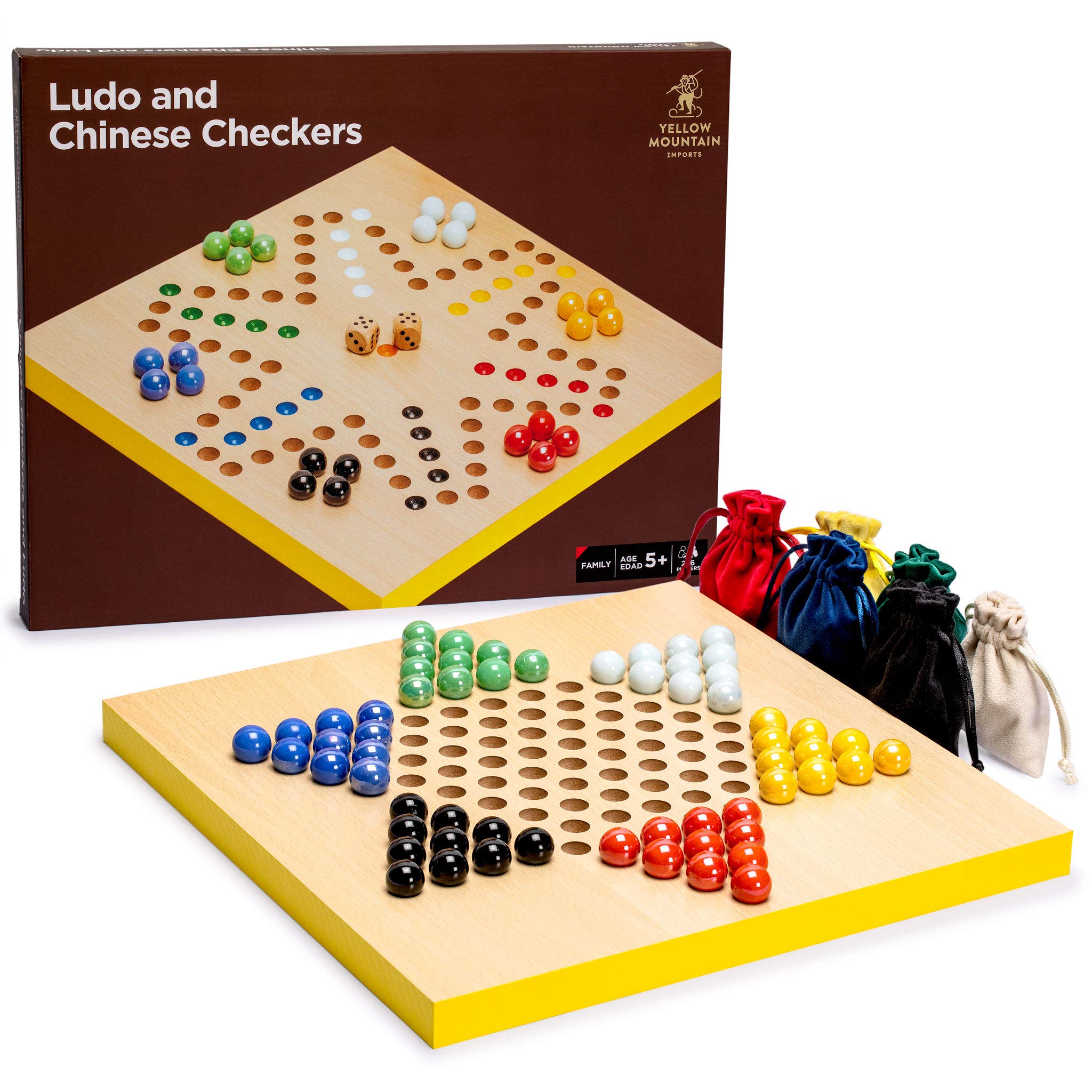 Yellow Mountain Imports 2-in-1 Reversible Ludo and Chinese Checkers Halma Wood and Glass Marble Game Set - 30.2 centimeters