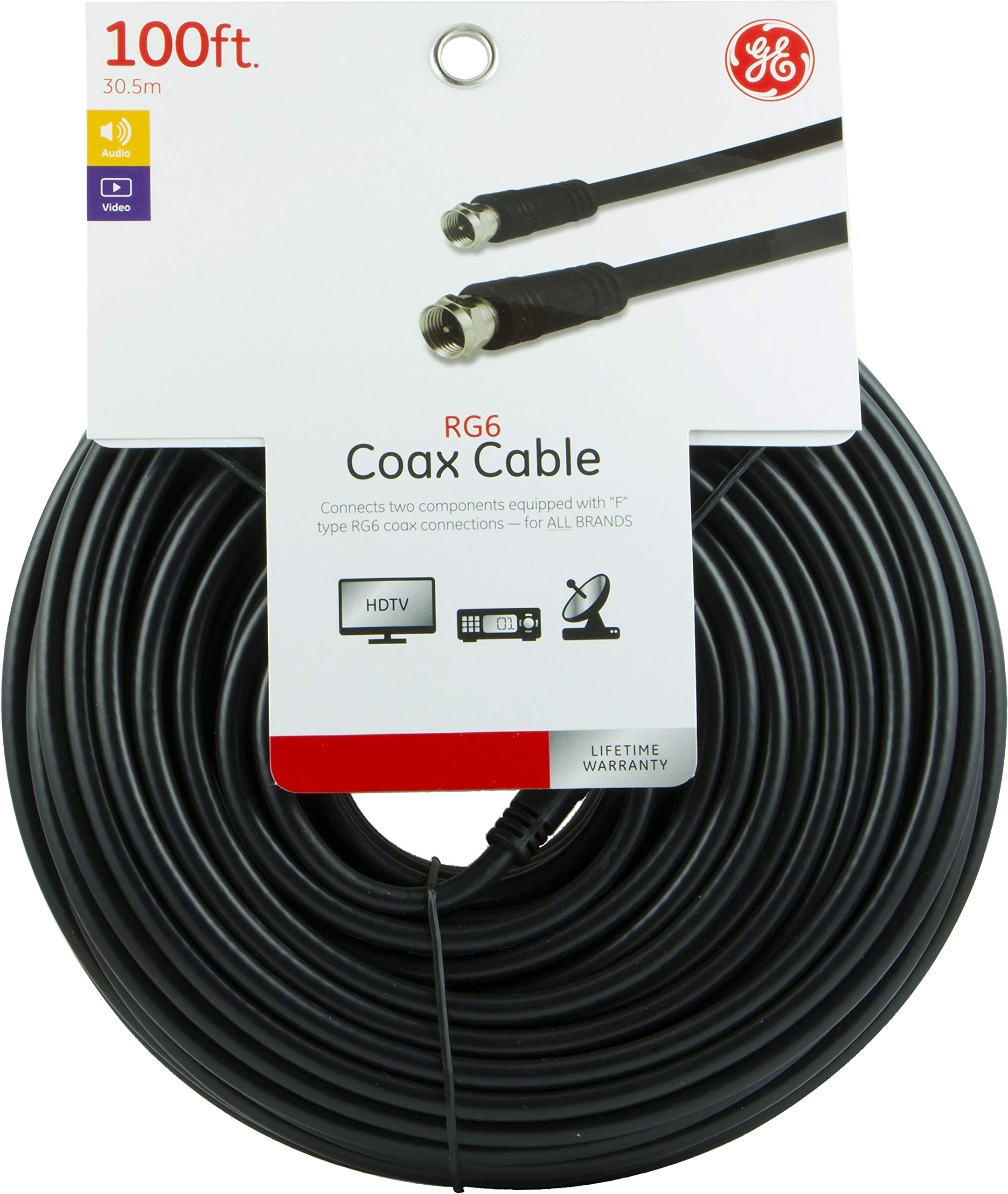 GE RG6 Coaxial Cable, 100 ft. F-Type Connectors, Double Shielded Coax, Input Output, Low Loss Coax, Ideal for TV Antenna, DVR, VCR, Satellite Receiver, Cable Box, Home Theater, Black, 33601