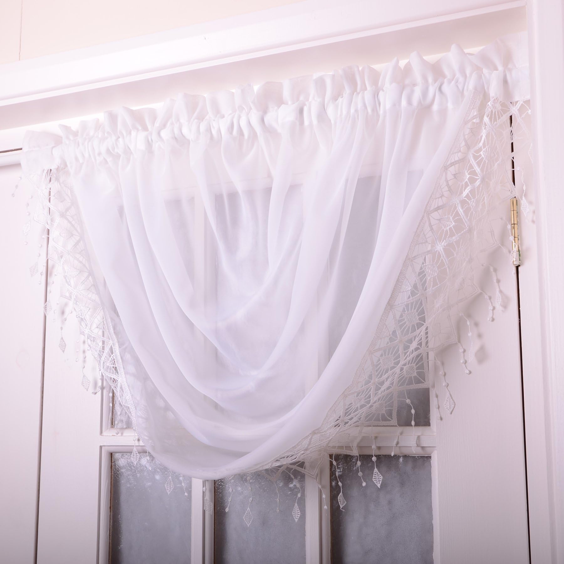 The Textile House Woven Voile Net Curtain Swags with Macrame Fringing - Finished in White