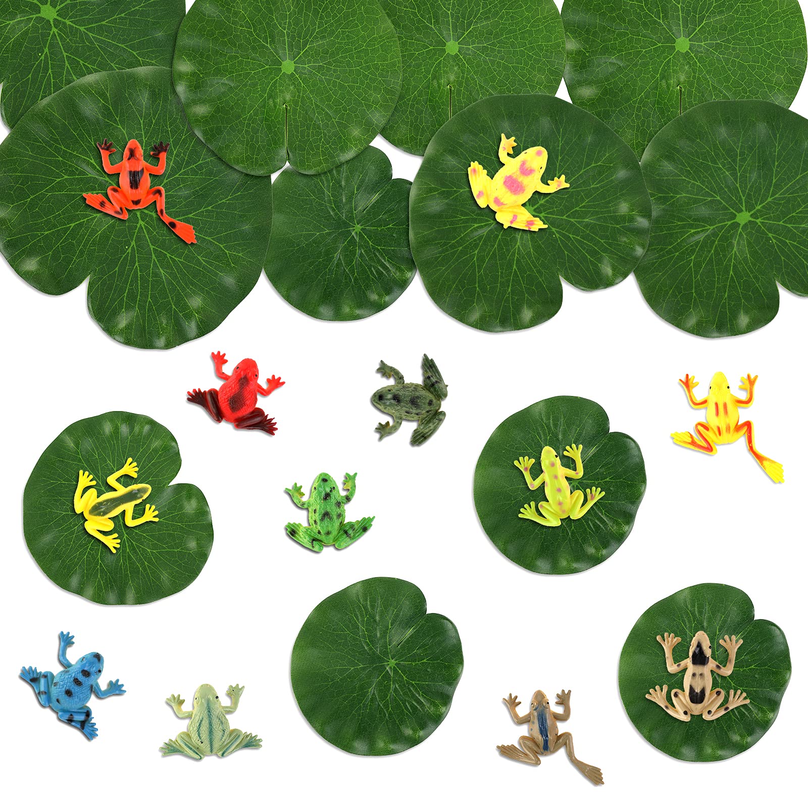 OOTSR 24 Pack Mini Realistic Frog Toys and Artificial Lily Pads, Includes 12 Pack Plastic Frog Figures Toys with 12 Pack Floating Foam Lotus Leaves for Kids Playing Party Favor Pool Decor
