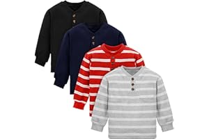 Cooraby 4 Packs Toddler Long Sleeve Shirt Boy Striped Tee Shirt with Pocket Soft Cotton T-Shirt