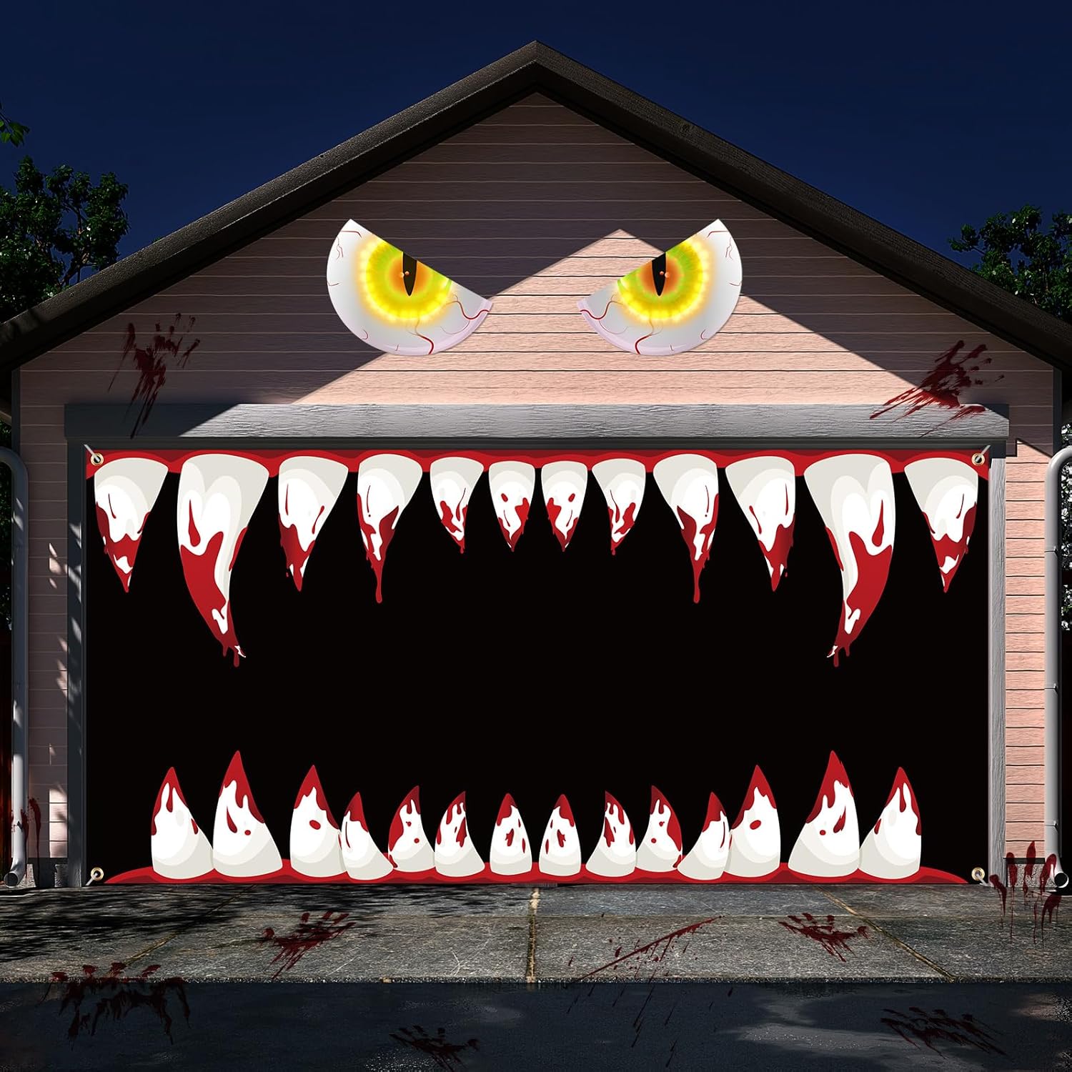 Garage Door Decorations - Preboun 6 x 17 ft Scary Halloween Garage Door Banner Cover with Grommets Halloween Decoration Monster Teeth Backdrop with String Lights Eyes Garage Door Cover for Halloween Home Yard Decor