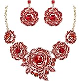 BriLove Gorgeous Stunning Crystal Layer Flower Cluster Statement Necklace Dangle Earrings Jewelry Set for Women Bridal Bridesmaid