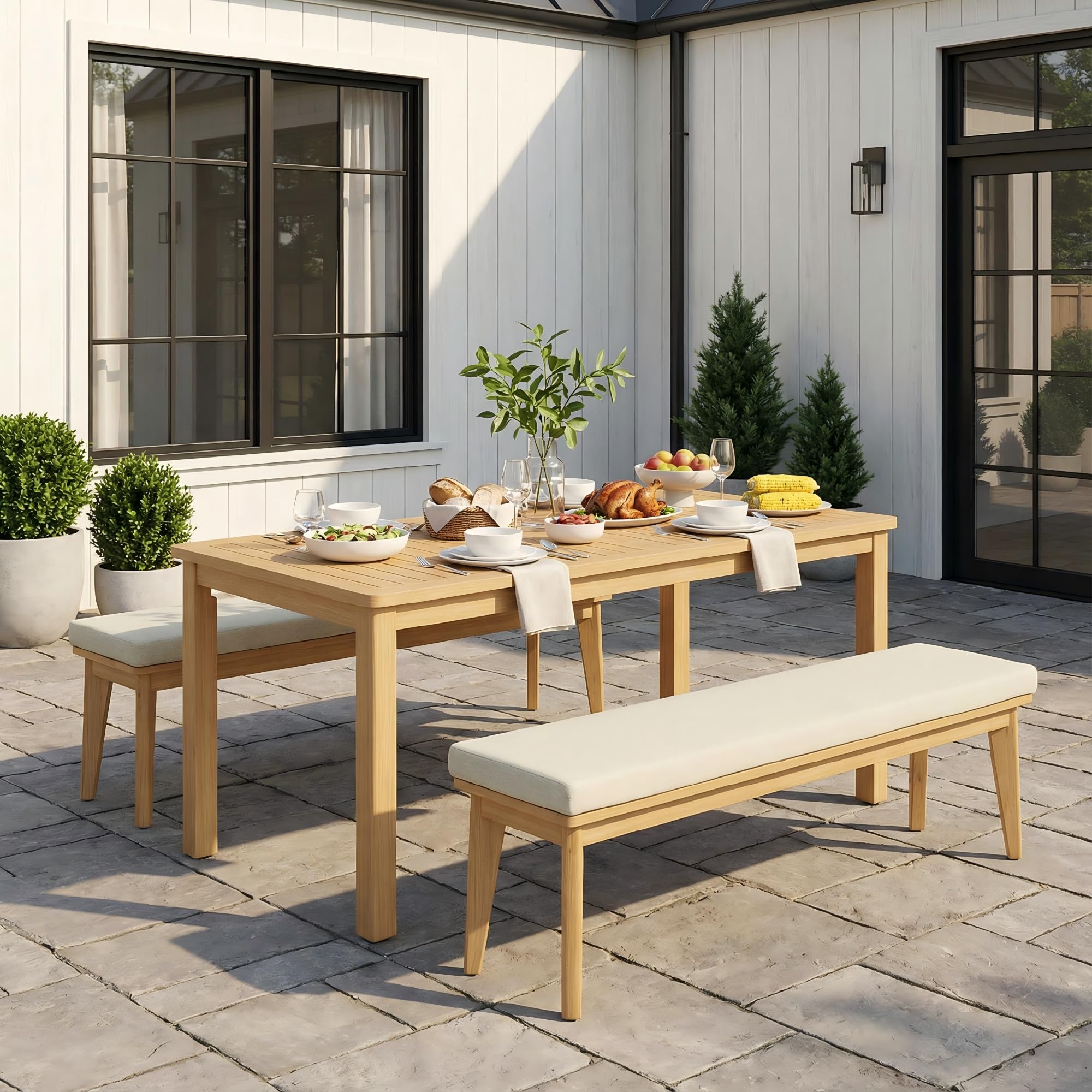 Photo 1 of **missing parts  Wisteria Lane 3 Pieces Acacia Patio Dining Set for 4, Patio Dining Table and Chairs Set with Cushion, Modern Outdoor Dining Furniture Set for Lawn Backyard Garden Deck, Beige