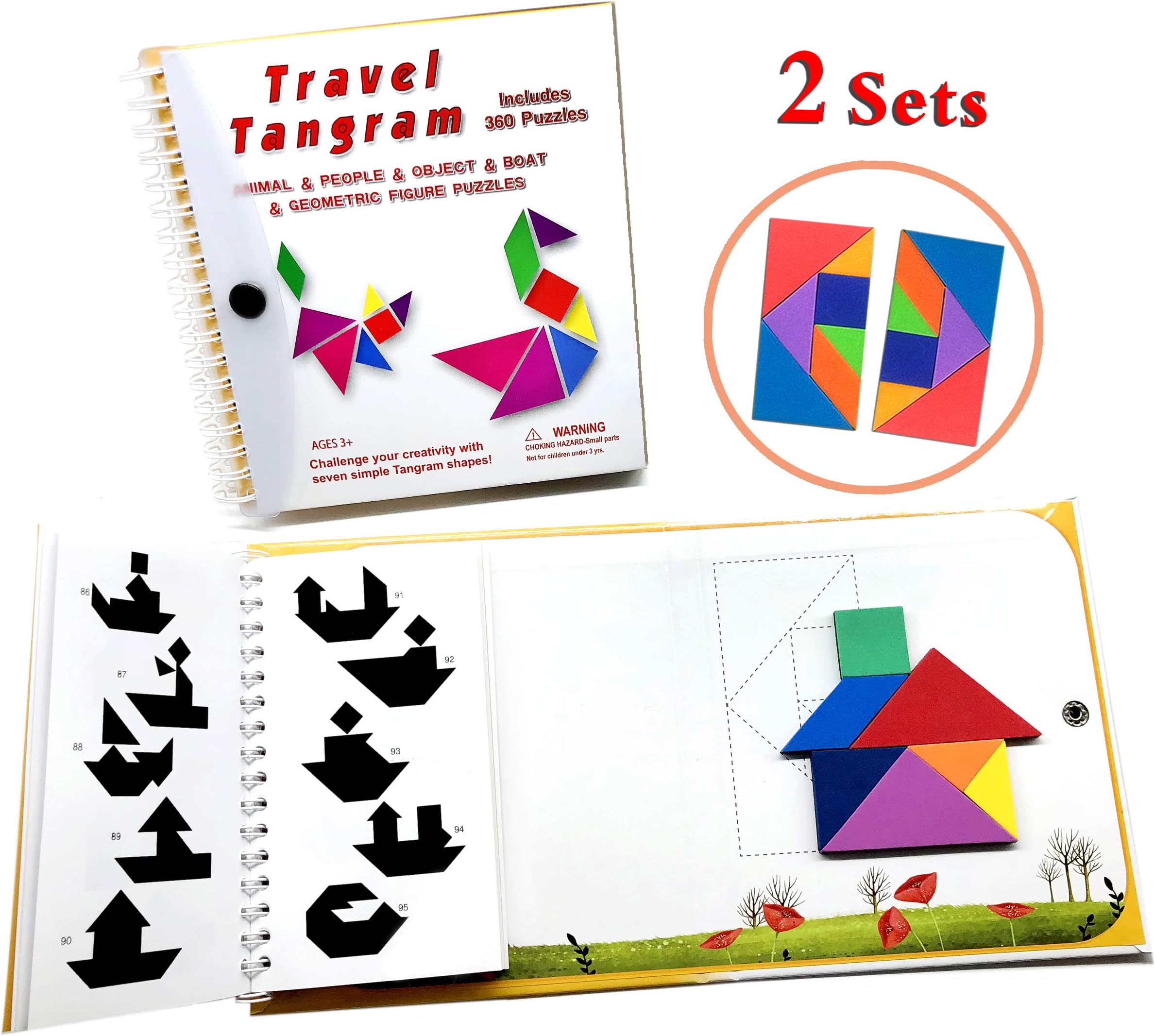 Travel Tangram Puzzle - Magnetic Pattern Block Book Road Trip Game Jigsaw Shape for Kids Toddlers Challenge IQ Educational Toy Gift Brain Teasers 360 Patterns