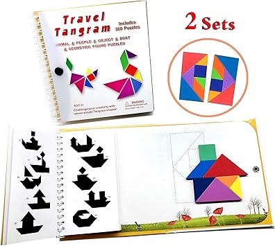 Wallxin Tangram Travel Games 360 Magnetic Puzzle and Questions Build Animals People Objects with 7 Simple Ma