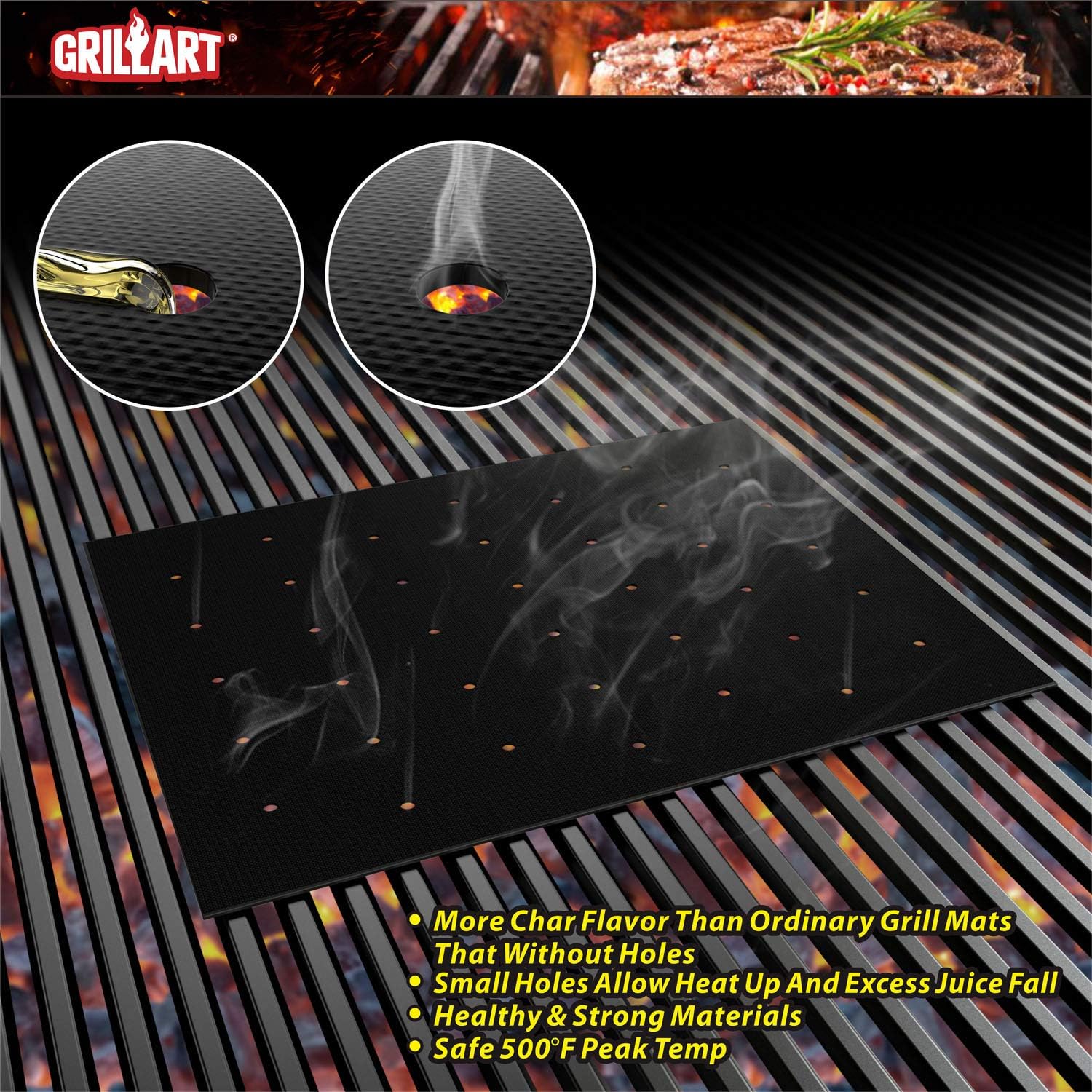 GRILLART BBQ Grill Mat, Non Stick BBQ Mat with Holes Heavy Duty 500 Degree Grill & Baking Mats (Set of 4), Easy Clean & Use BBQ Accessories, Reusable on Gas Charcoal Electric Grills: Garden & Outdoor