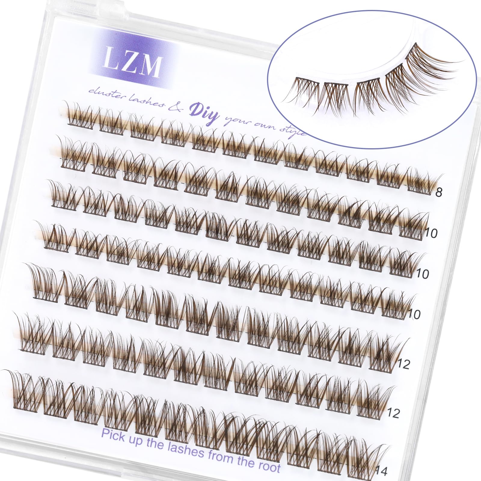 LZM Cluster Lashes 8-14mm Individual Eyelashes C Curl Individual Natural Reusable Brown Lash Clusters Thin Band Natural Eyelashes (Brown Moon-C-Mix) — image 1