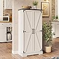 50" Kitchen Pantry Farmhouse Storage Cabinets - Led Food Cabinets Cupboards with 2 Barn Doors and Shelves Adjustable for Small Space in Dinning or Living Room, in Distressed White