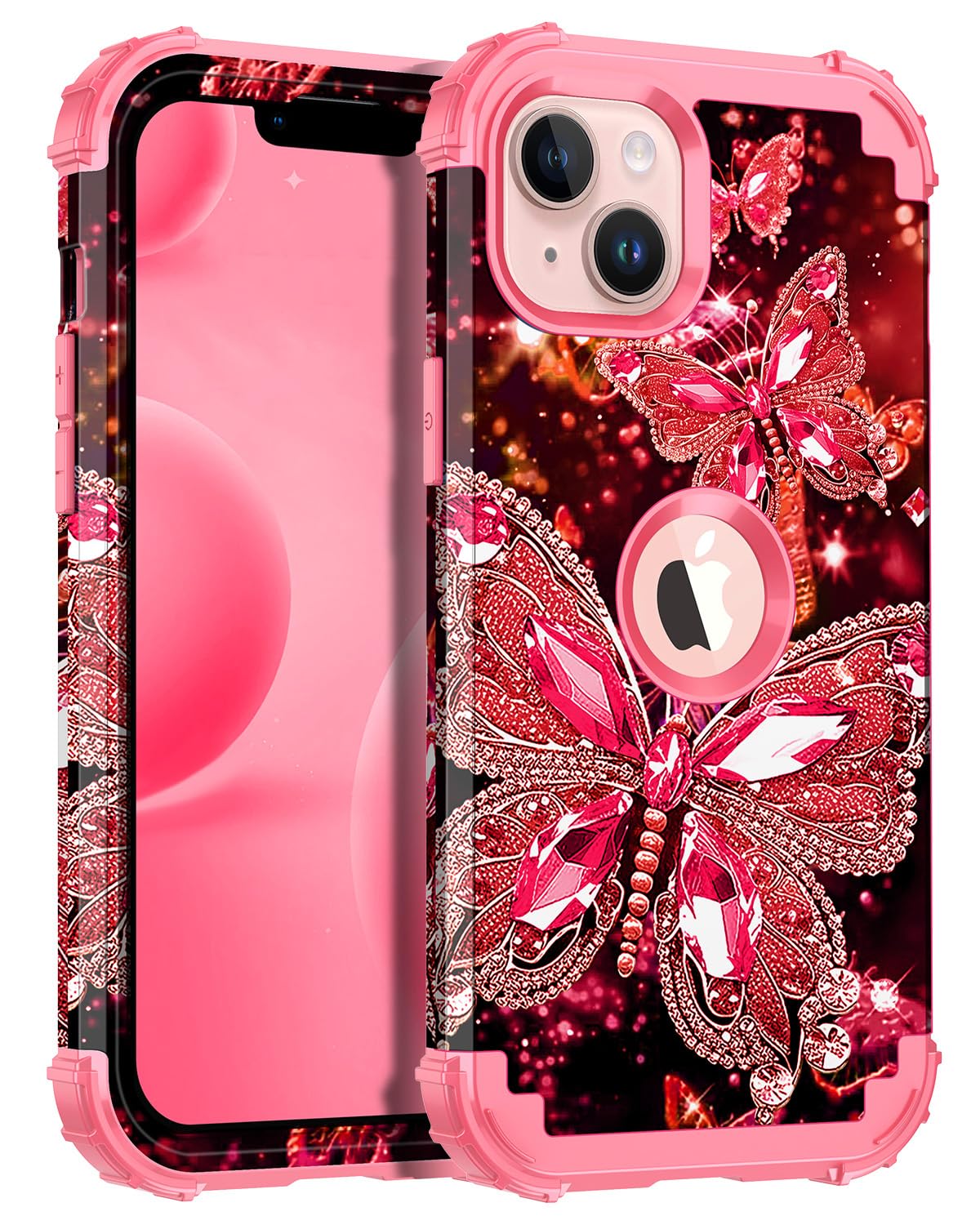 Miqala Compatible with iPhone 13 Case & iPhone 14 Case,Glow in The Dark Three Layer Heavy Duty Shockproof Hard Plastic Bumper+Soft Silicone Protective Case for iPhone 13/14 6.1 inch,Hot Pink