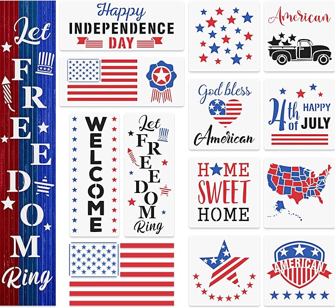 12 Pieces American Flag Patriotic Stencils Reusable Independence Day ...