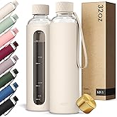KIVY Glass Water Bottle with Silicone Sleeve 32 oz [WITH MEASUREMENT] - Borosilicate Glass Water Bottle Screw Top - Clear Bottles with Measurement Marking - Slim Waterbottle Aesthetic - Cream White