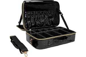 CARRYWELL |Not Made In China| Makeup Train Case, Travel Cosmetic Organizer Bag, Storage For Brushes, Toiletries and Cosmetics W/Adjustable Dividers, Make Up Box (1, Crocodile, Large)