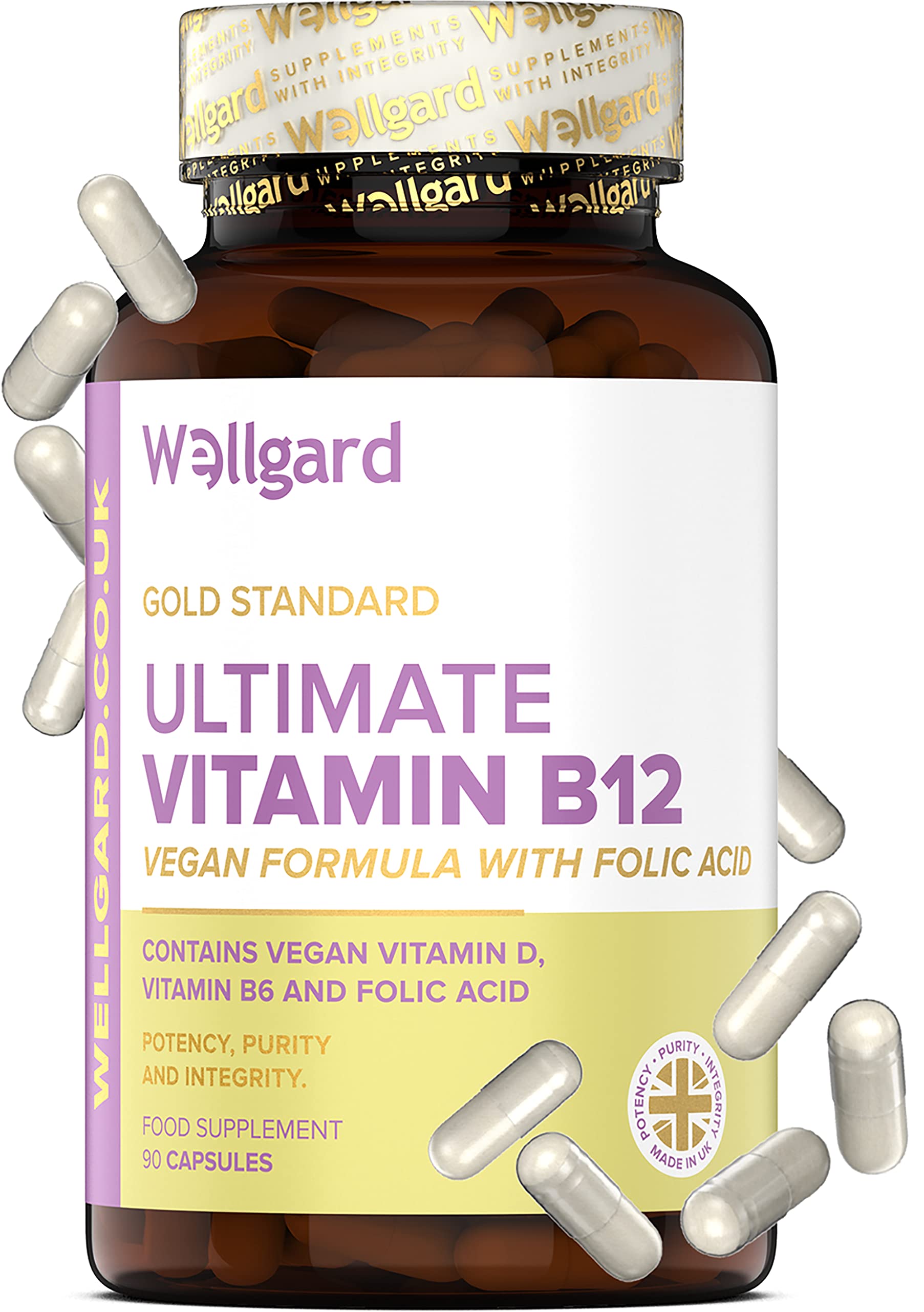 Wellgard Vegan Vitamin B12 High Strength by Wellgard - Folic Acid, Vitamin B6, Vitamin D3, B12 Supplement for Men & Women, Made in UK