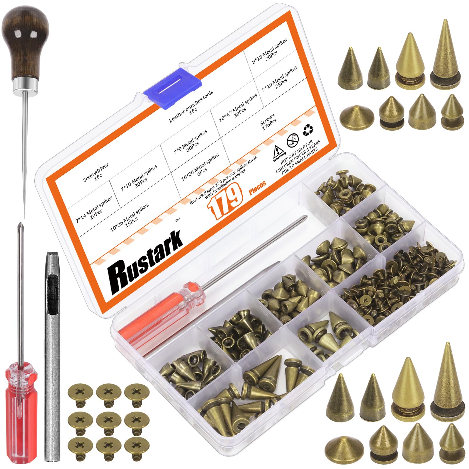 Rustark 179Pcs 8 Sizes Antique Bronze Metal Punk Spikes and Studs Assortment Kit with Tools, Punk Rivet Studs Rivets Screw Screwback Studs Rivets for Punk Style Clothing Accessories Craft Decoration