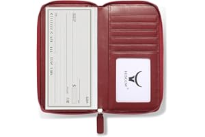 HISCOW Zippered Checkbook Cover & Card Holder with Divider - Italian Calfskin (Wine Red)
