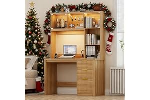 Lvifur LED Study Desk with Hutch & Storage Cabinet, 47" Home Office Desk with Outlet and 3 Color LED, Writing Desk for Bedroom, Computer Desks for Studyroom, Ideal for Office Set, Natural