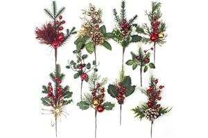 Grunyia 10 Pcs Artificial Pine Picks Christmas Pine Picks Pine Needles Branches with Red Berry Pinecones Berry Branches Fake Berries for Flower Arrangements Wreaths Holiday Xmas Tree Decoration
