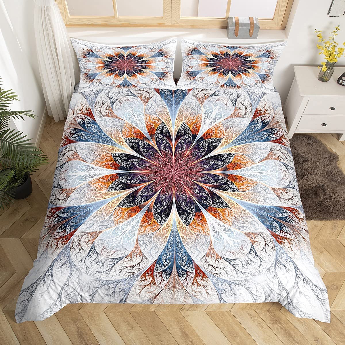 Loussiesd Mandala Bedding Bohemian Duvet Cover Boho Hippie Bedspread Luxury Bedclothes for Girls Women Mandala Floral Pattern Bedding Set Decorative Exotic Blossom Print Comforter Cover King
