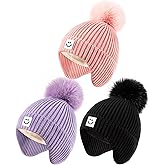Alepo 3 Pack Baby Winter Hats with Earflaps, 2 Size Kids Pompom Beanie for Toddler Children, Smiley Face Hat for Girls Boys