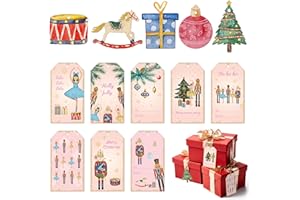 K1tpde Pink Nutcracker Christmas Gift Tag - 137PCS Xmas Gift Tag with 30m Hemp Rope, Merry Christmas Hanging Paper Tag with S