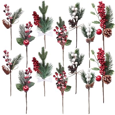 14PCS Artificial Berry Picks, Christmas Pine Picks with Red &amp; White Berries Pine Cones for Christmas Decorations DIY Crafts Gift Wrapping Flower