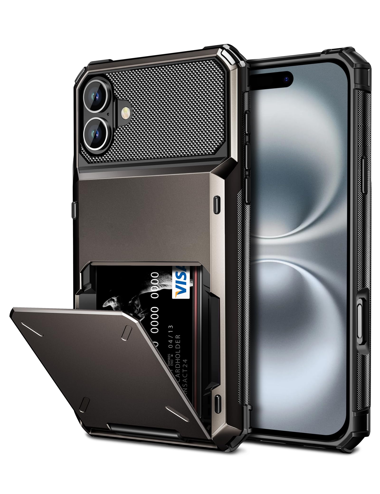 Vofolen Compatible with iPhone 16 Case with Card Holder Dual Layer Heavy Duty Shockproof Hidden Flip 4-Card Slot Wallet Phone Case for iPhone 16 for Women Men, 6.1 Inch Gun Metal
