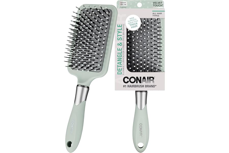 Conair Velvet Touch Paddle Cushion hair brush – Detangling hairbrush – curly or straight styles – men or women – detangler – features soft touch handle – Assorted Color