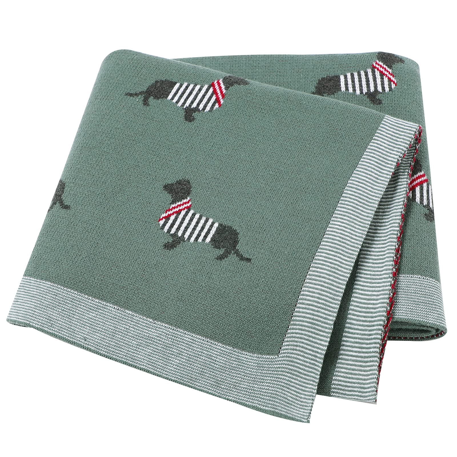 LAWKUL Baby Blanket Knitted 100% Cotton Soft Blankets for Newborn Boy Girls Sausage Dog Dachshund 100x80cm Dark Green