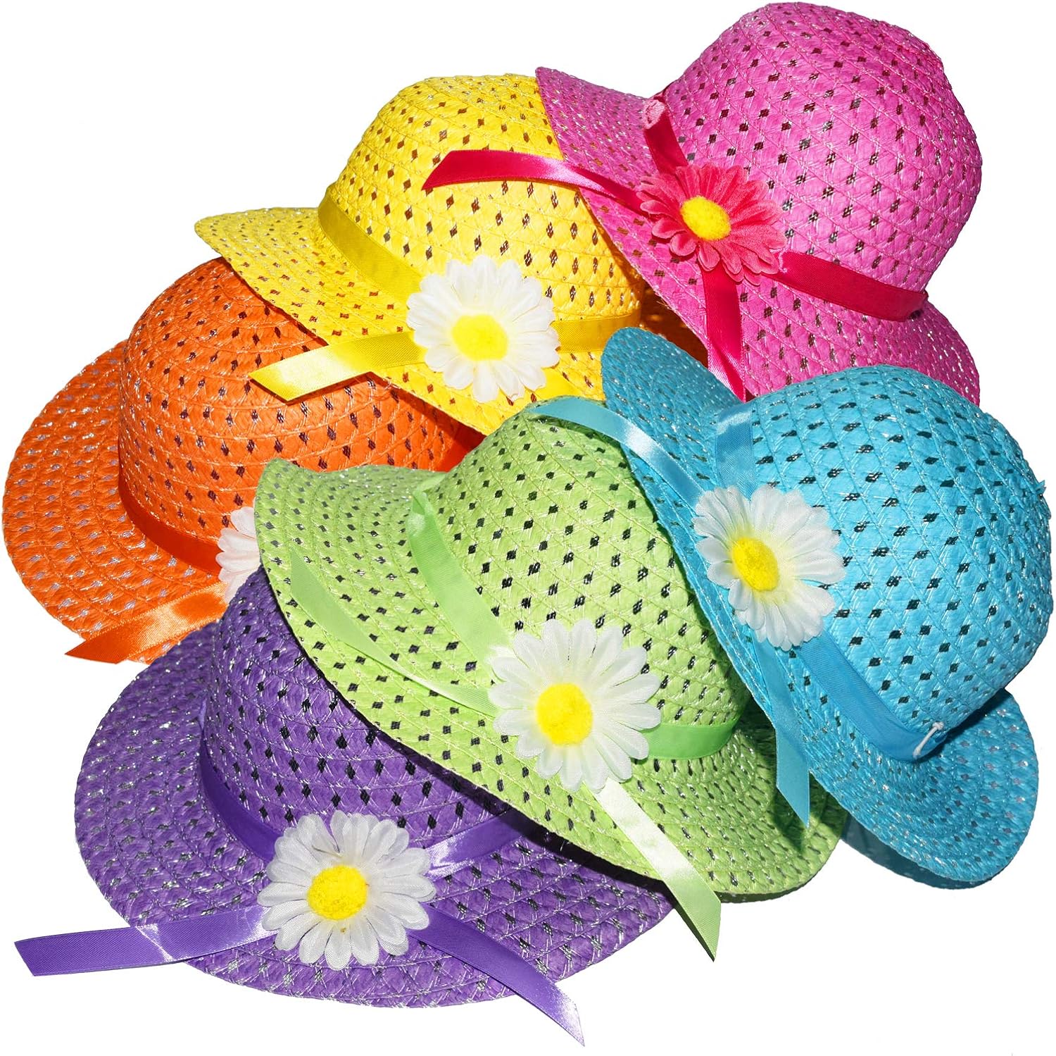 Vegove 6 Girls Tea Party Straw Hats Princess Country Girl Dress Up with Purse and Glove: Clothing