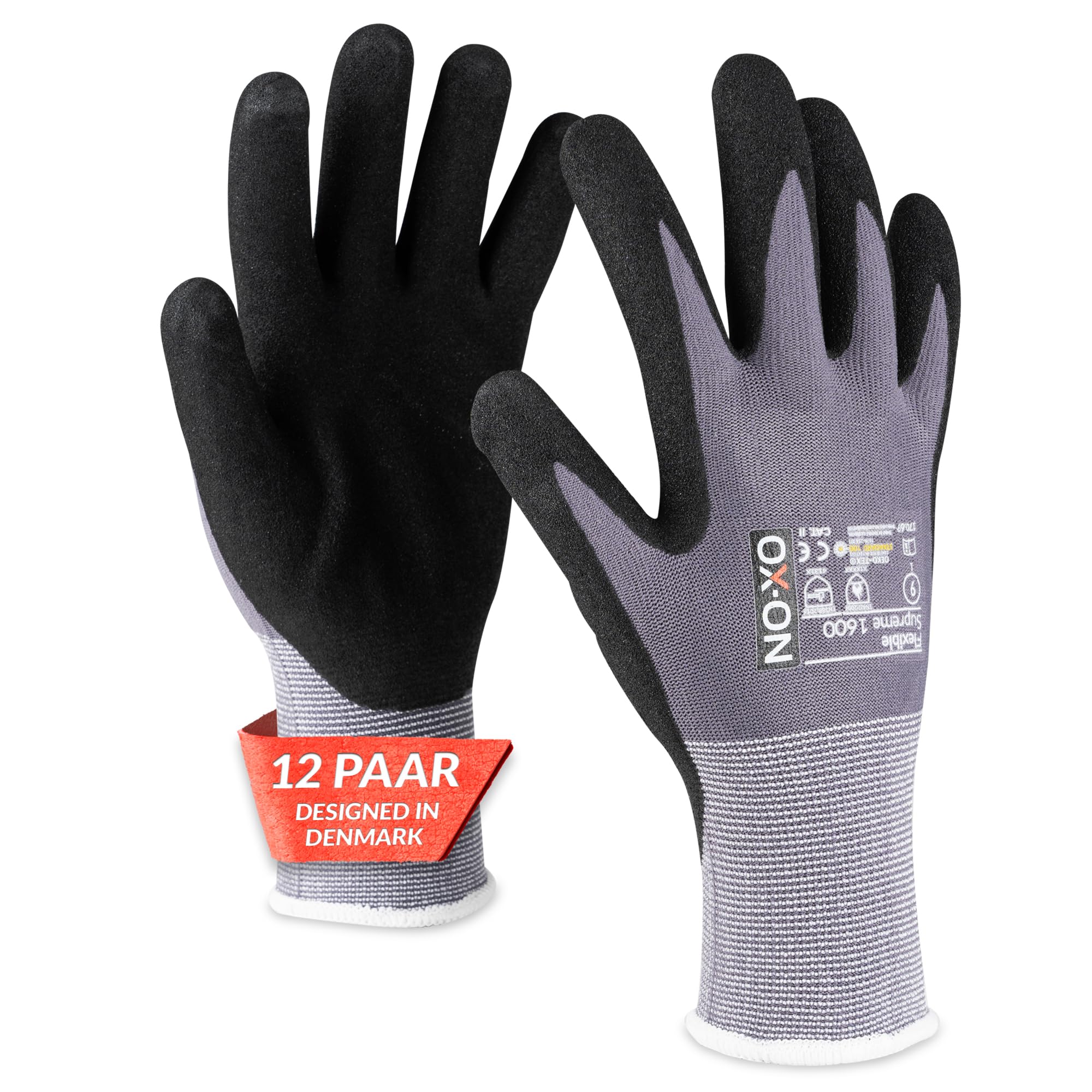 OX-ON Flexible Supreme 1600 Work Gloves Grey, Extremely Durable Safety Gloves, Secure & Precise Grip, Protective & Comfortable, Durable & Versatile, Carpentry, Masonry, Mechanic - 12pairs,Size 7/S