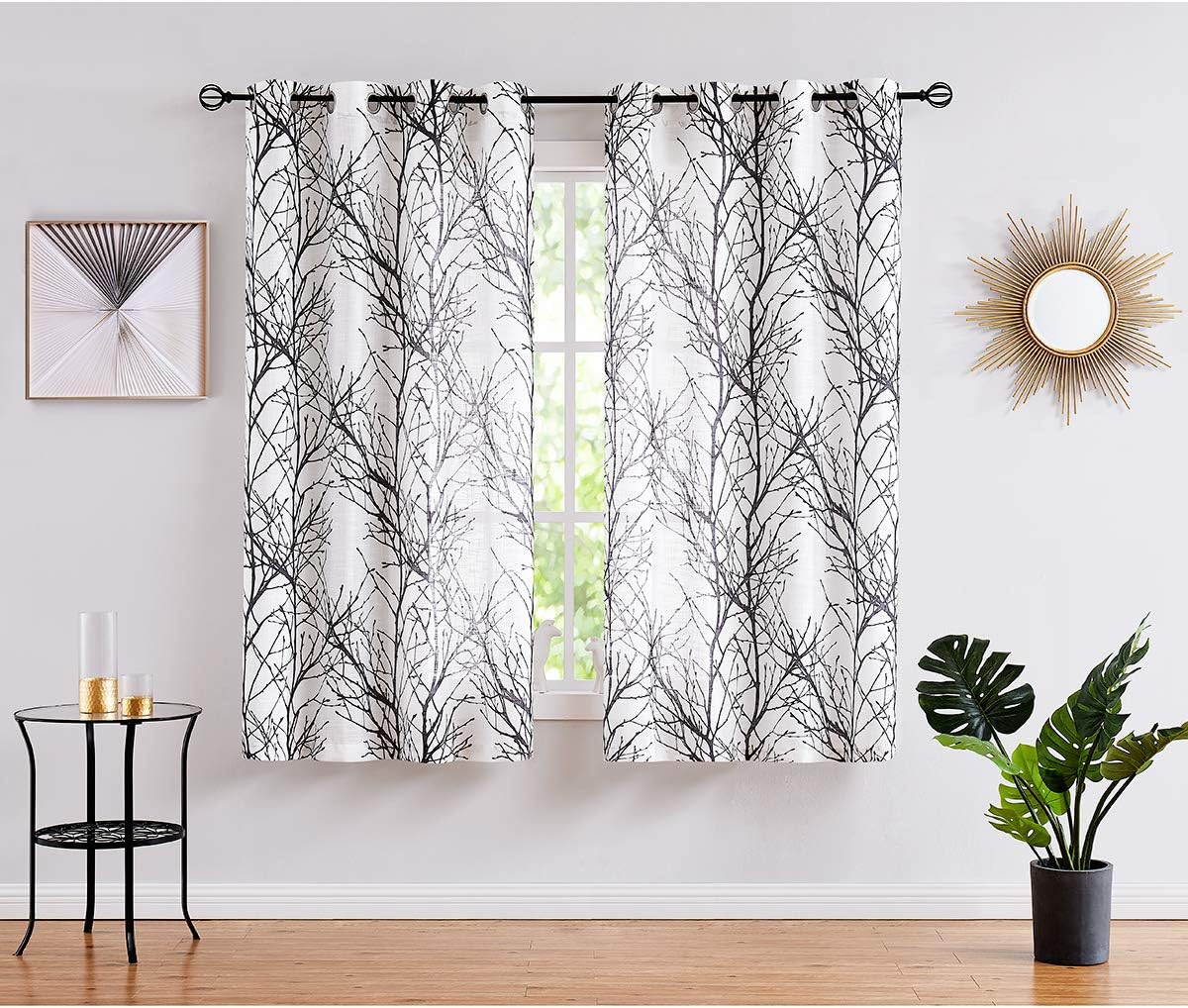 FMFUNCTEX White Black Semi-Sheer Curtains for Bedroom 63" Tree Branch Curtains for Living Room Linen Textured Print Curtains for Holiday Season, Grommet Top, 1 Pair