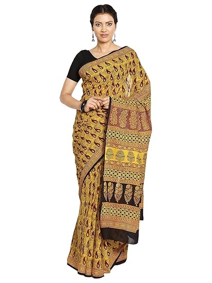 Finest Quality Finest Quality Cotton - Handmade Yellow and Maroon Booti - Bagh Block Print Saree with Blouse Piece
