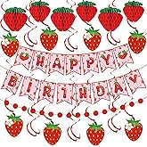 Strawberry Birthday Party Decorations Strawberries Happy Birthday Banner Honeycomb Balls and Hanging Swirls Strawberries Paper Banner Set for Strawberry Theme Birthdays Party Supplies