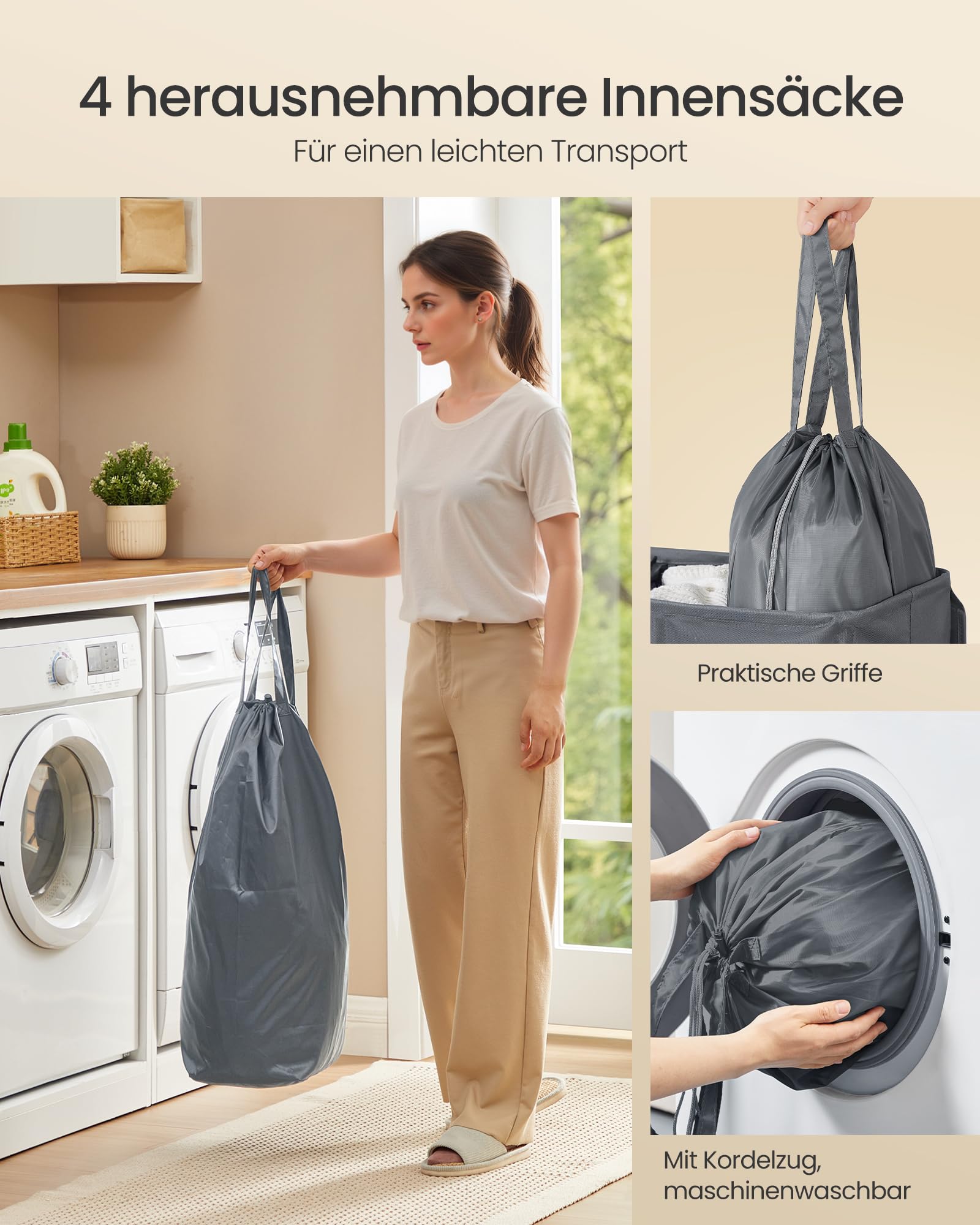 SONGMICS Wäschekorb mit 4 Fächern, 210 L, mit Deckel, 5 Etiketten, herausnehmbarer und waschbarer Innensack, Waschküche Schlafzimmer, dunkelgrau RLH014G01 6