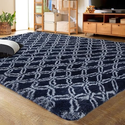 Amazon Com Lochas Luxury Velvet Shag Area Rug Indoor Plush Fluffy Rugs Extra Comfy And Soft Carpet Geometric Moroccan Rugs For Bedroom Living Room Girls Children Nursery 4x6 Feet Navy White Hs8 Furniture