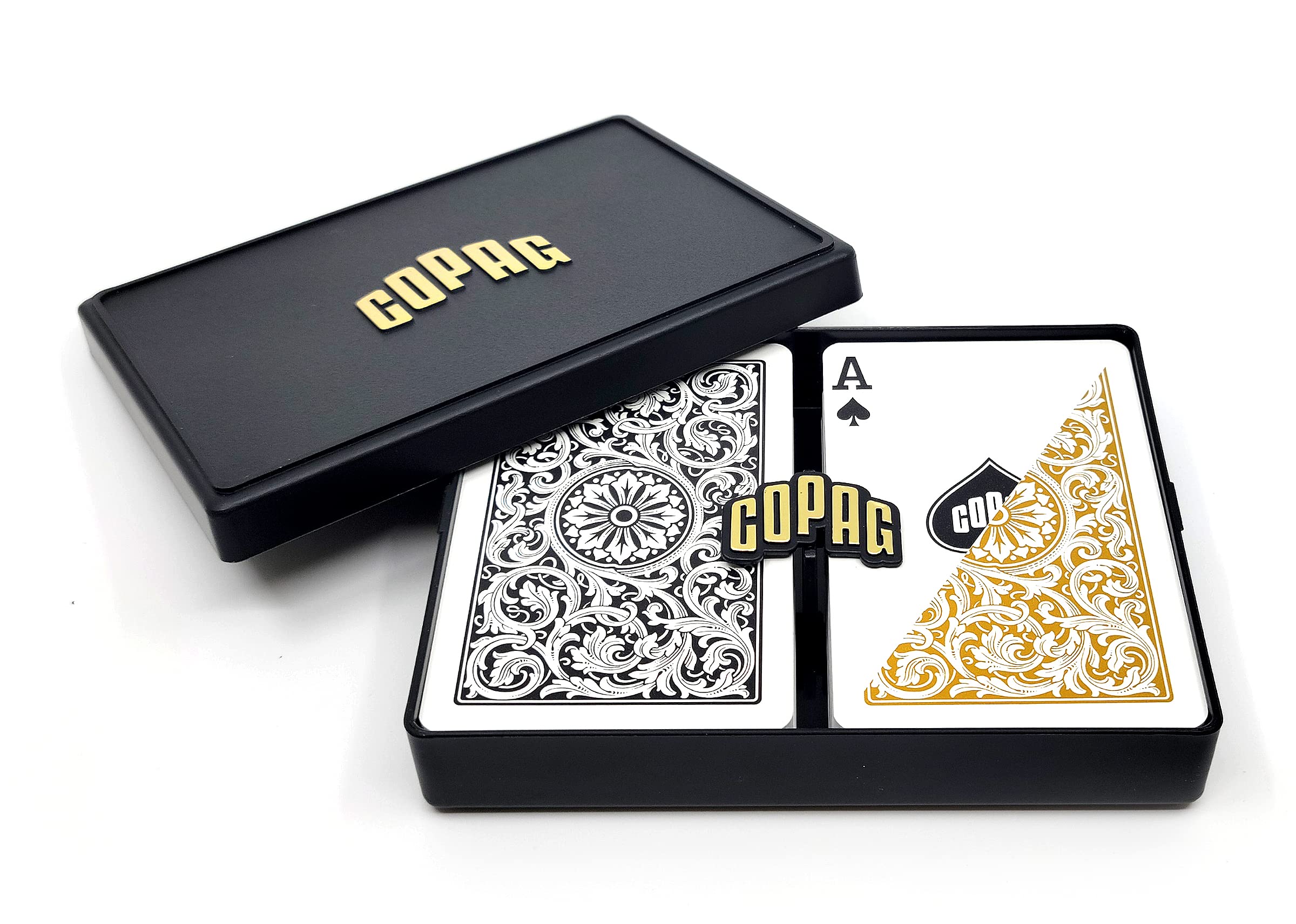 COPAG 1546 Design 100% Plastic Playing Cards, Bridge Size (Narrow) Black/Gold (Standard Index, 1 Set)